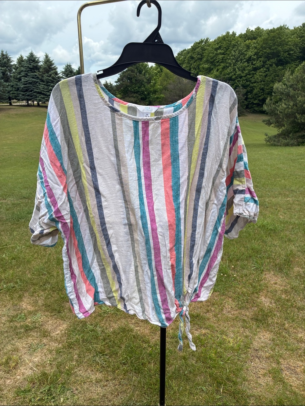 Womens XL Shirt Top Linen Blend Beachy Nautical Rainbow Time and Tru sz 16-18